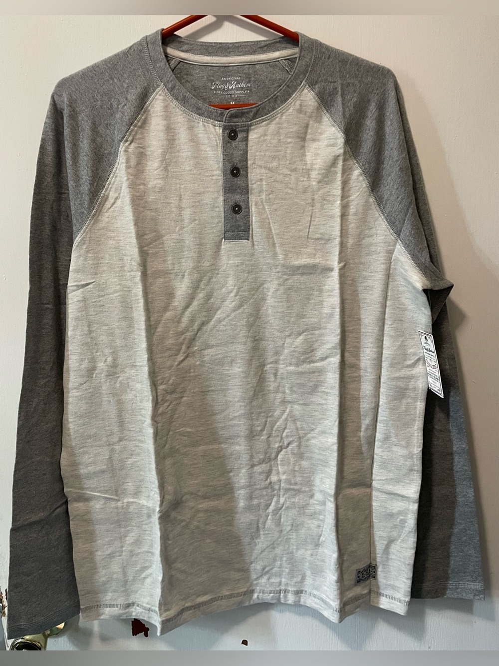 Flag & Anthem Mens Two-Tone Henley Neck Shirt Long Sleeve Gray White Medium Tall